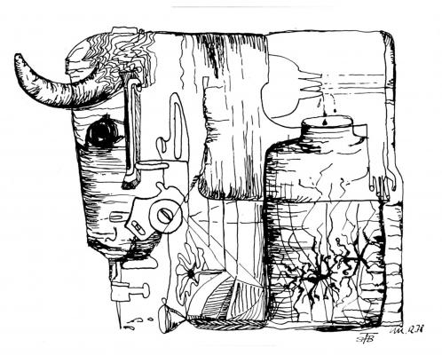 Kuhnähmaschine, Tusche auf Papier, 15 x 15 cm
