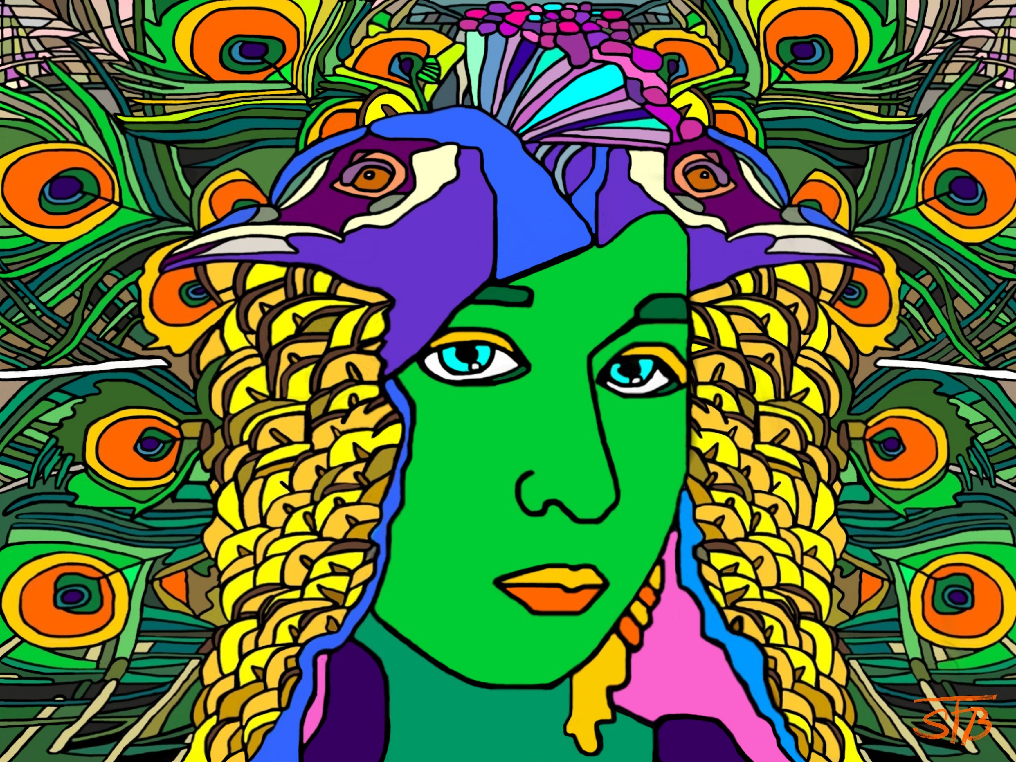Das Mädchen mit dem Pfauenhut oder Dame mit Hintergrund - FOTODRUCK - 60 x 80 cm - BILDBESCHREIBUNG: Der Pfau und das Mädchen. Sein Federkleid für ihren Kopfschmuck. Modebewusst trägt sie stolz seine schillernden großen Federn. Das Doppelbild des Pfauenkopfes sitzt ihr keck, schräg in die Stirn gezogen auf dem Haupt, sein Brustgefieder wird zu ihrer blonden Lockenpracht.