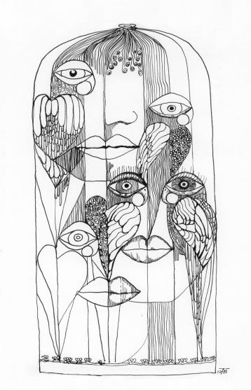 Papageien im Käfig, Tusche auf Papier 30 x 40 cm