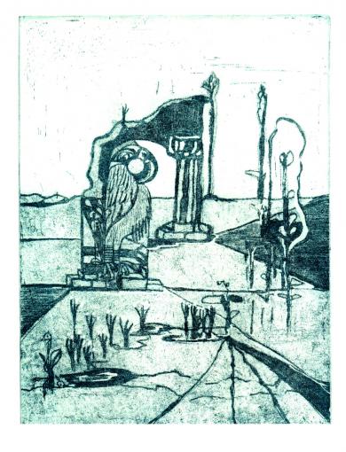 Papagei in der Ruine, 14,5 x 19,5 cm