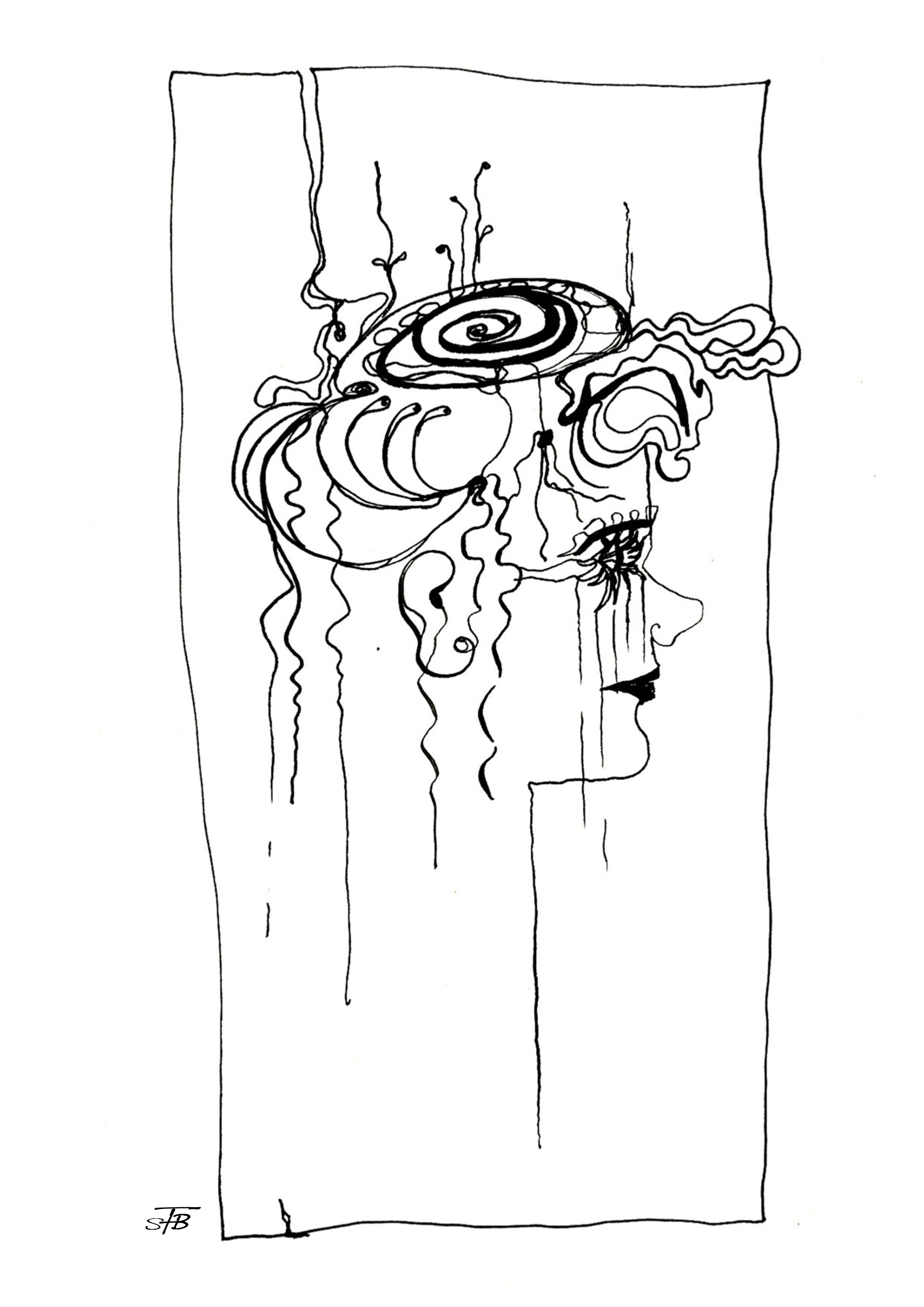 Frau mit Schneckenfrisur, Tusche auf Papier, 15 x 26 cm