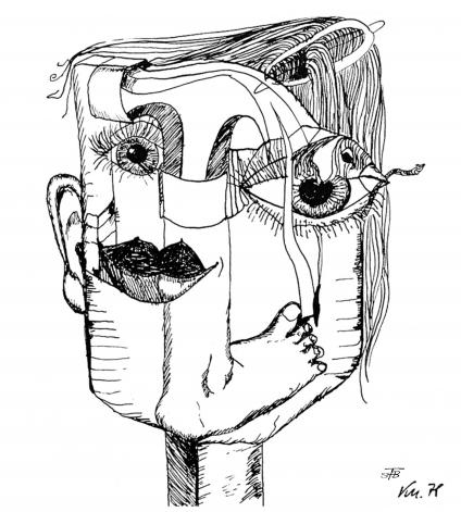 Hammergesicht marschiert oder frißt den Wurm, Tusche auf Papier, ca. 12 x 15 cm