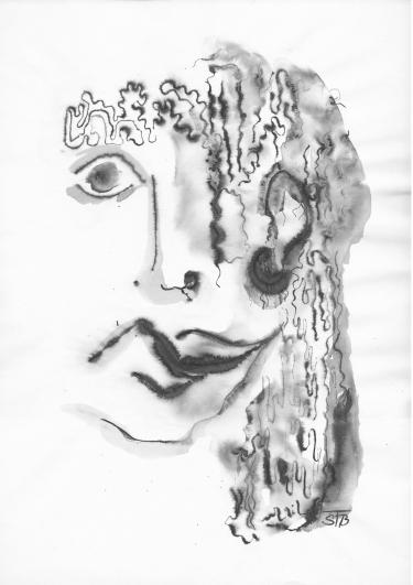 Lockenkopf mit Auge und Ohr, Tusche auf Papier, 30 x 40 cm