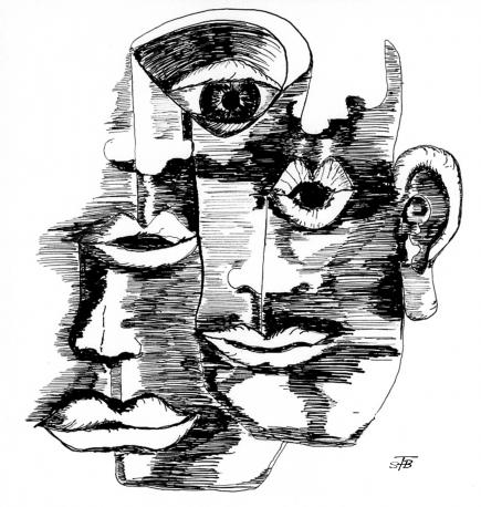 Sehen - Hören - Reden - Schweigen, Tusche auf Papier, 16 x 16 cm