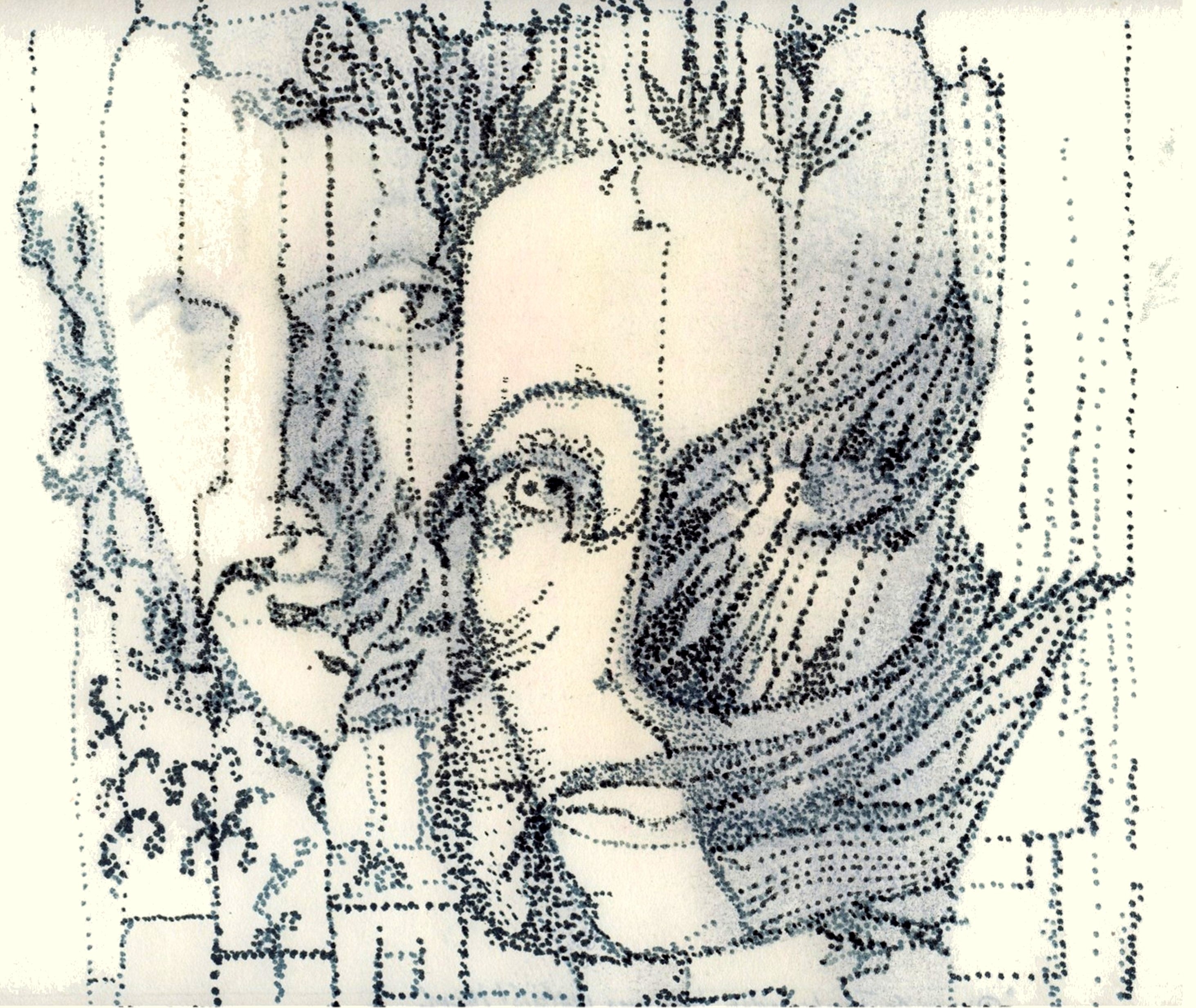 Weiße Taube oder das Phantom der Oper, Collage Nitro und Filzstift, 30 x 30 cm