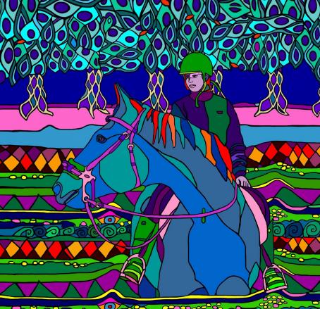 Traumpfade - DIGITALES FORMAT - Größe beliebig -  BILDBESCHREIBUNG: Ein Mädchentraum? Das Glück der Erde liegt auf dem Rücken der Pferde? Der Reiter auf seinem blauen Roß 'schwimmt' dahin in einem 'Fluß' aus Ornamenten. Am Horizont die ferne Wirklichkeit eines Waldrandes, obwohl auch diese Bäume zur Illusion gehören.